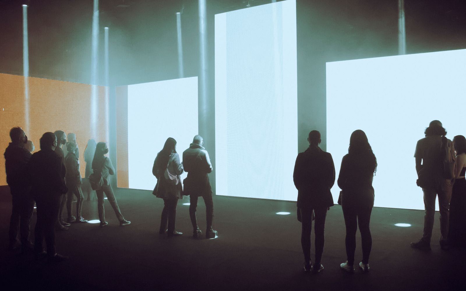 Visitatori davanti alle proiezioni di una sala immersiva